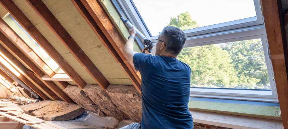 man replacing window in attic