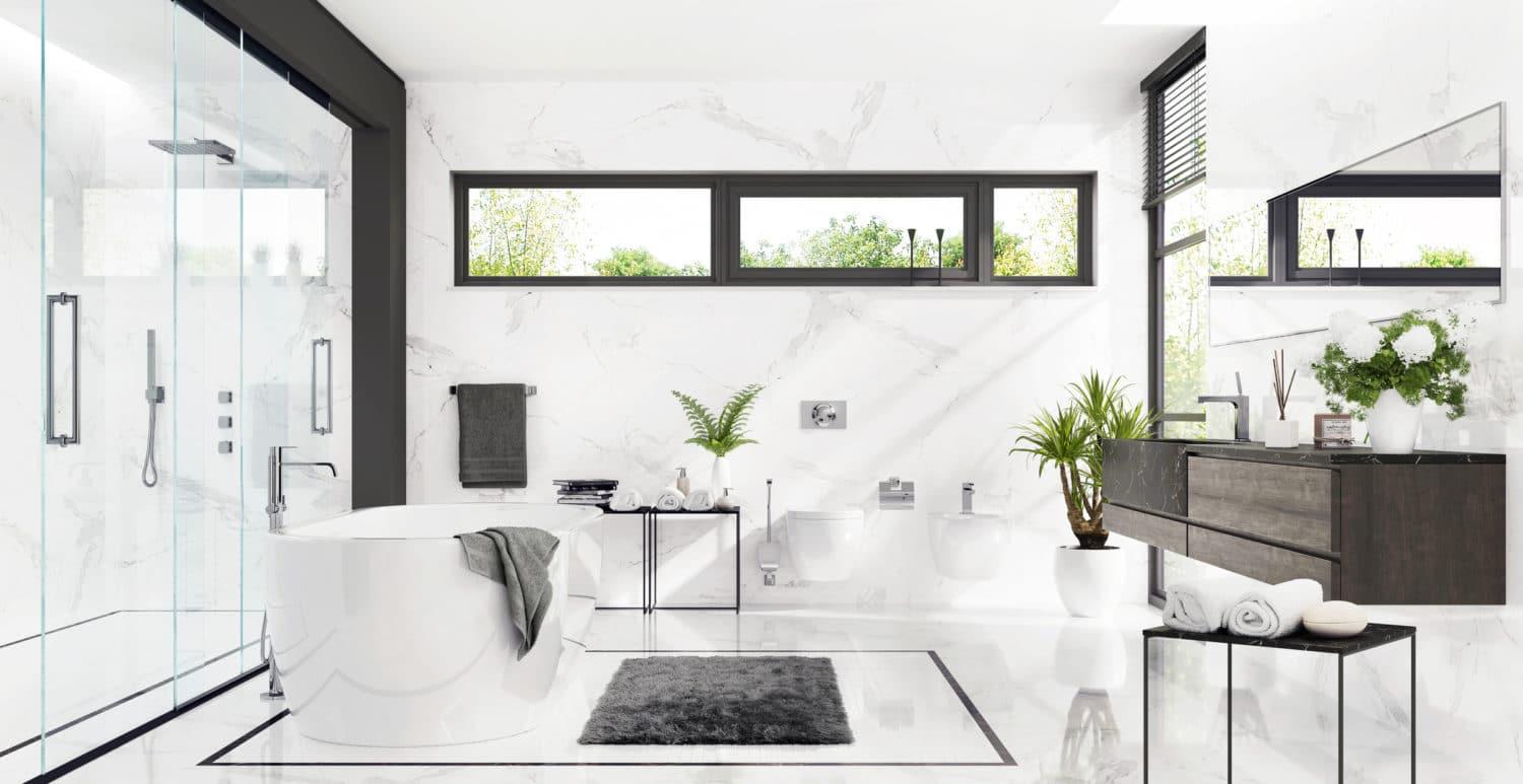 White bathroom with shower and bathtub