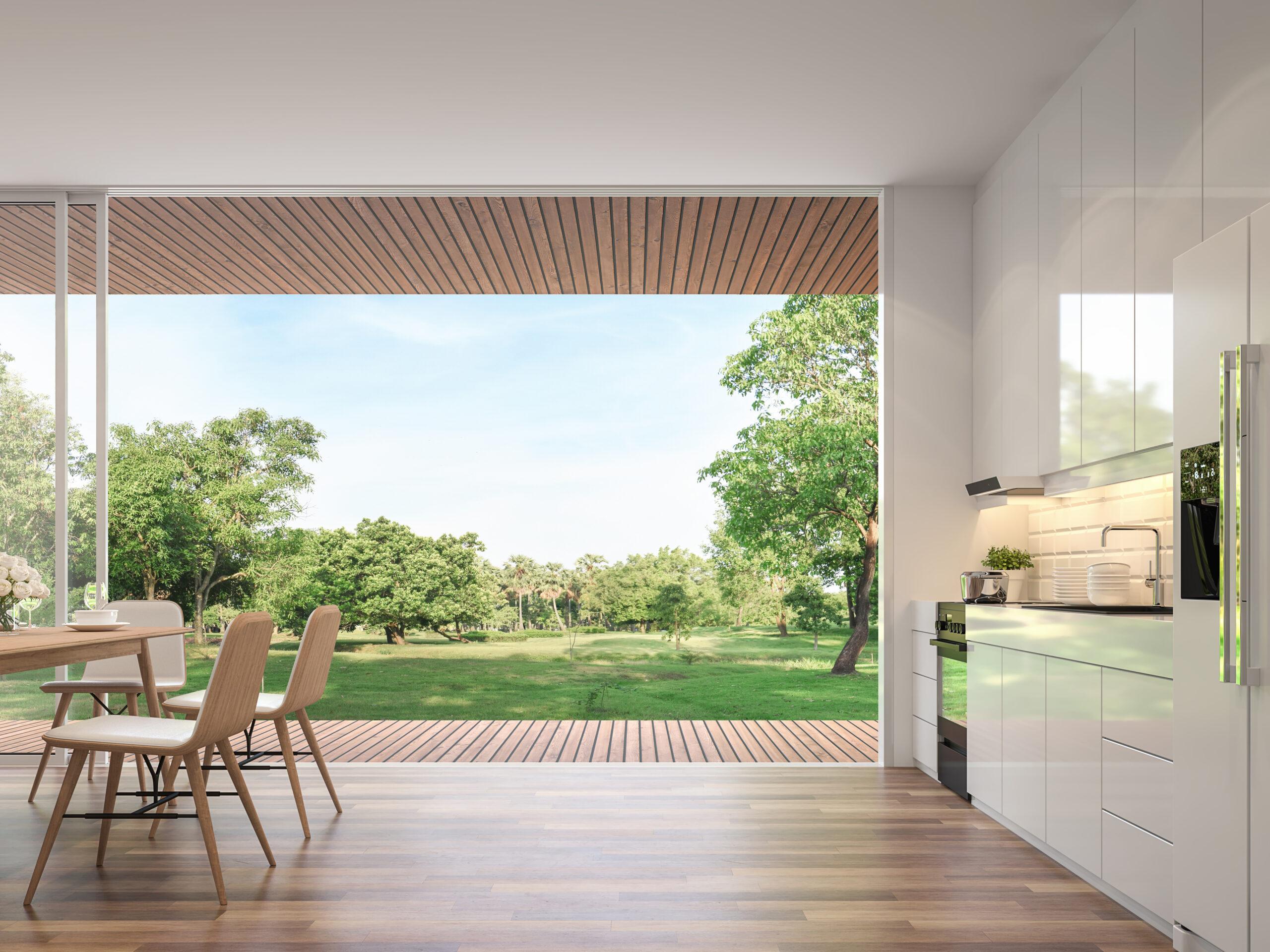 Modern kitchen and dining room with nature view 3d render