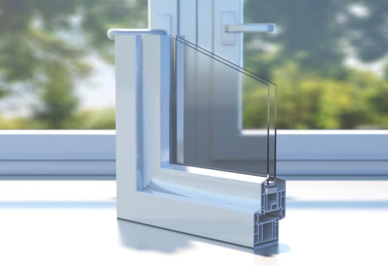 PVC aluminum profile frame double glazing cross section on a closed window sill. 3D illustration